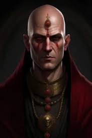 ebony priest, bald, evil, with yellow..."