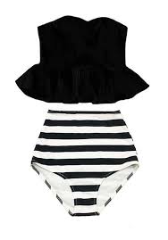 Black And White Striped Swimsuit 2 Piece Black Strapless Long Peplum Tankini Top And Striped High Waisted Waist Shorts Bottom Swimsuit Bathing Suit Dress Womens Swimsuits Bikini Swimming Bathing Suits