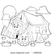 Choose from 840+ camping clip art images and download in the form of png, eps, ai or psd. Clipart Of A Black And White Lineart Happy Scout Peeking Out Of His Tent By A Camp Fire Royalty Free Vector Illustration By Visekart 1408932