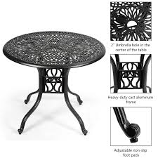 Patio umbrella table stands with umbrella hole,with 4 sand bags outdoor umbrella bases small square table for bistro,balcony, backyard, patio, garden, deck and pool occasions. Gymax 36 Cast Aluminum Round Patio Dining Table Durable W Umbrella Hole Porch Black Walmart Com Walmart Com