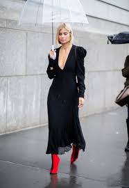 Xenia Adonts Wearing Black Dress Red Black Two Tone Ankle Boots Seen Outside Carolina Herrera During New York F Fashion Red Ankle Boots Outfit Red Boots Outfit