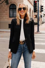 Black Blazer With Jeans Women Fashion Jackson Wearing Jcrew Regent Black Blazer White Sweater Gucci Designer Belt Jeans Fashion Jackson Work Outfits Women Fashion