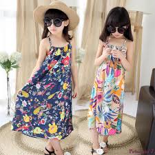 Us 13 99 30 Off Retail Girls Flower Printed Beach Dress Summer Style 2019 Kids Girls Long Bohemian Dress Children Girls Maxi Dress Slip Dress In
