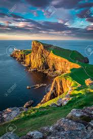 It was one of those bracing winds and occasional showers sort of a day but well worth the drive and walk. Beautiful Sunset At The Neist Point Lighthouse Scotland Uk Stock Photo Picture And Royalty Free Image Image 75905851
