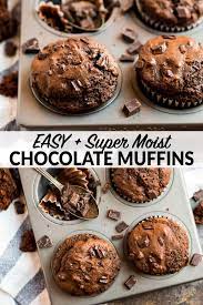 Super Moist Double Chocolate Muffins Rich Fudgy And So Easy To Make Simple Recipe For Hom Chocolate Muffin Recipe Chocolate Muffins Moist Chocolate Muffins