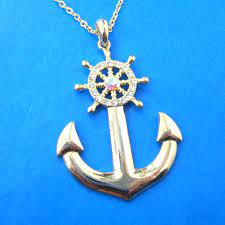 Nautical Anchor And Wheel Pendant Necklace In Gold With Rhinestones Nautical Themed Jewelry Pretty Necklaces Animal Jewelry