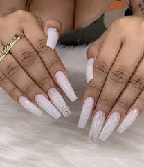 Preparations for pink and white acrylic nails. Milky White Coffin Acrylic Nails W Fairy Glitter And Rhinestones White Acrylic Nails Gold Acrylic Nails Diamond Nails