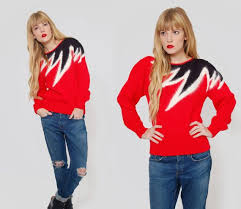Black And White Lightning Bolt Sweater Vintage 80s Graphic Sweater Red Black Lightning Bolt Jumper By Lotusvintageny On Etsy Graphic Sweaters Black And Red Red Sweaters