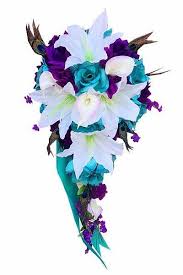 Makaor artificial fake flowers plum blossom floral wedding bouquet. Cascade Bouquet Jade Teal White And Purple Artificial Flowers With Angel Isabella