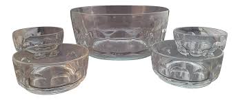 Pink depression glass console bowl. Vintage 1950s Mid Century Arcoroc France 5 Pc Thumbprint Pattern Salad Fruit Bowl W 4 Service Bowls Chairish