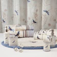 Blue Dragonfly Valley Floral Fabric Shower Curtain Bath Rug Embroidered Towels Dragonfly Decor Fabric Shower Curtains Floral Bath