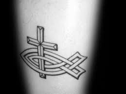 A creative piece which has the jesus fish carved around the cross in red color. 40 Ichthus Tattoo Designs For Men Jesus Fish Ink Ideas