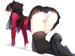 kyokucho, tohsaka rin, fate stay night, fate (series), highres, revision,  1girl, all fours, ass, black skirt, black thighhighs, blue eyes, blush,  crotch seam, from behind, hair ribbon, loafers, long hair, long legs,  looking