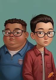 Illustration of a heavier Black boy and a thinner Asian boy wearing  glasses.