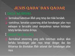Meyakini dan mempercayai bahawa segala yang berlaku ke atas manusia bahkan ke atas seluruh isi alam ini telah ditentukan oleh allah s.w.t sejak dari azali lagi. Beriman Kepada Qada Dan Qadar