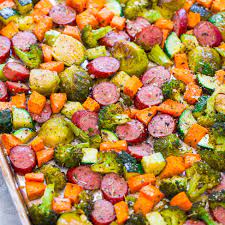 Butterball's turkey sausage has 63% less fat than usda data for pork and beef smoked sausage. Sheet Pan Turkey Sausage And Vegetables Averie Cooks