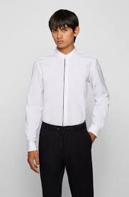 Boss Logo Piped Slim Fit Evening Shirt In Stretch Cotton
