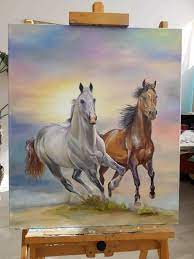 Horses On Sunset Original Art Oil Painting White Horse Art Etsy Horse Art Equine Art Abstract Animal Paintings