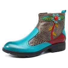 Socofy New Printing Retro Splicing Pattern Flat Ankle Leather Boots