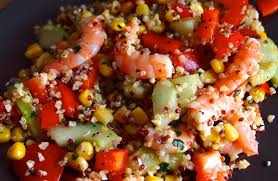 Taboule Quinoa Crevettes Mais Poivron Concombre Tomate Menthe Coriandre Persil Sauce Soja Menthe Citron Taboule De Quinoa Repas Alleges Recettes De Cuisine
