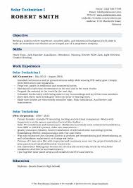 Successful resume samples for the job mention duties like developing solar power materials, building plants, inspecting engineering sites, implementing solar installation projects, performing computer simulation, running tests, implementing safety standards, and. Solar Technician Resume Samples Qwikresume