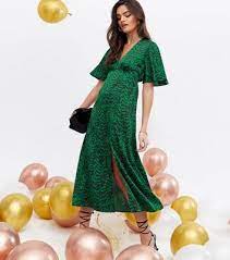 Green Zebra Print Satin V Neck Midi Dress New Look
