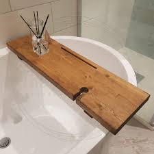 Everyone will be delighted how amazing it looks on your wall. Rustic Chunky Oak Stained Wooden Bath Rack With Wine Glass Holder And Tablet Slot The Bath Rack