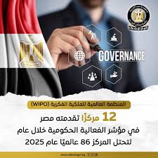 احتلت مصر المركز 86 في مؤشر فعالية الحكومة الصادر عن المنظمة العالمية  للملكية الفكرية (WIPO) عام 2025 مقارنة بـالمركز 98 عام 2024، متقدمة بذلك 12  مركزًا، ويقيس المؤشر جودة الخدمات الحكومية، وجودة