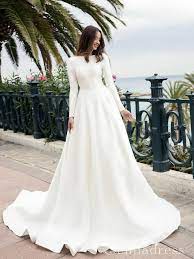 A Line Long Sleeve Backless Wedding Dresses White Satin Princess Wedding Dress Sew058 In 2021 Wedding Dresses Satin Sleeved Wedding Satin Wedding Gown