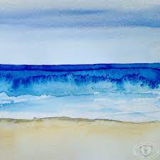 A free watercolor art lesson showing a seascape scene with two figures on a beach. Living Near The Ocean And Loving It As I Do I Ve Often Tried To Paint It It S Not Easy There Are So Man In 2021 Watercolor Ocean Watercolor Paintings Easy Painting