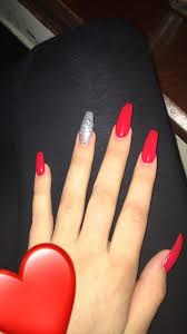 Red nails and an accent red nail with beautiful rhinestones and matte red nail with awesome rhinestones! Coffin Ballerina Style Nails Ideas To Inspire Useful Ideas