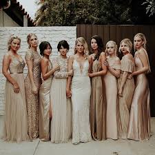Wedding Inspiration Squad Goals Bridesmaids In Blush And Gold Tones In 2020 Gold Bridesmaid Dresses Winter Bridesmaid Dresses Metallic Bridesmaid Dresses