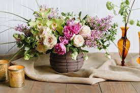Chartreuse Cymbidium Orchids Pale Pink Garden Roses And Billowy Lavender Lilac Flo Winston Flowers Country Flower Arrangements Beautiful Flower Arrangements