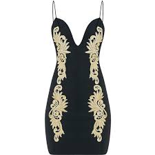 Carolinia Black Strappy Gold Applique Bodycon Dress 25 Liked On Polyvore Featuring Dresses Strap Dr Gold Dress Short Mini Gold Dress Gold Bodycon Dresses