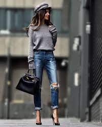 Fall 2018 Outfit Winter 2018 19 Outfit Distressed Boyfriend Jeans Black Heels Gray Sweater Street Style Str Fashion Fashion Clothes Women Boyfriend Jeans