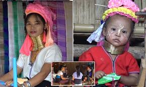 In a few african and asian cultures neck rings are worn usually to create the appearance that the neck has been stretched. Children And Women In Ancient Myanmar Tribe Wear Brass Rings And Some Struggle To Eat With Them On Daily Mail Online