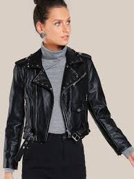 Shop Rivet Detail Belted Hem Biker Jacket Online Shein Offers Rivet Detail Belted Hem Biker Jacket More To Fit Yo Jackets Leather Jackets Women Biker Jacket