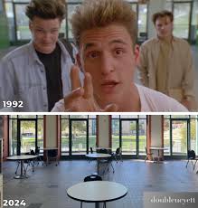 Encino Man Link (Brendan Fraiser goes to high school with Dave (Sean Astin)  and Stoney (Pauly Shore). After seeing some attractive girls, he does a  flip off of the top of the