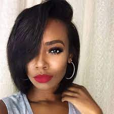 Human Hair Wigs Straight Bob Front Lace Wig Natural Color Left Part With Bangs Neck Length Hair Natural Hair Styles Wig Hairstyles
