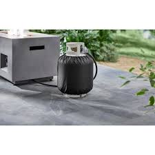 This fire pit features a black finish, drop in wood look tiles and classic lattice Hampton Bay Concrete Gas Fire Pit Best Outdoor Store In The Region