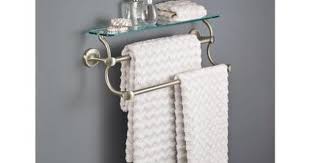 Delta 18 In Glass Shelf With Double Towel Bar In Spotshield Brushed Nickel Exten20 Bn The Home Depot Glass Bathroom Shelves Glass Shelves Towel Bar