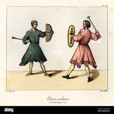 Medieval soldiers with axe and shield, tunic and shoes. Military costumes  from Bible 10, Manuscripts in the Bibliotheque royale. Costumes militaires  (MSBR Bible No. 10). Handcoloured lithograph by Villain after an  illustration