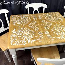 Darling Damask Stenciled Dining Room Table By Just The Woods Dining Room Table Makeover Stenciled Table Painted Kitchen Tables