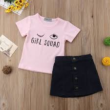 Toddler Baby Girl Summer Cute Wink Eyelash T Shirts Demin Skirt Clothes Set