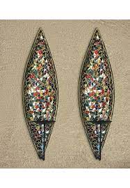 Machine made sprayed color hanging glass tealight/candle holder with metal handle. Set Of 2 Large Size 18 In Light Weight Wall Decor Decorshore Bella Palacio Mirrored Glass Mosaic Metal Wall Mounted Decorative Candle Holder Wall Sconce Home Decor Candles Holders