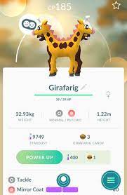 Girafarig's fast moves are tackle or confusion and its charged moves are psychic or thunderbolt or mirror coat. Screenshot Looks Like I Found The Original Girafarig Pokemongo