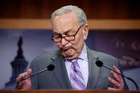 Senate Minority Leader Chuck Schumer (D-NY) gestures while speaking at a news conference on the Trump Administration's planned cuts to the Social Security Administration at the Capitol in Washington, DC. The news