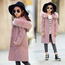 2020 Baby Girls Pink Thick Large Fur Collar Woolen Coat Hooded Jacket Children Autumn Winter Clothes Kids Wool Coat Girl Coat Girls Winter Coats