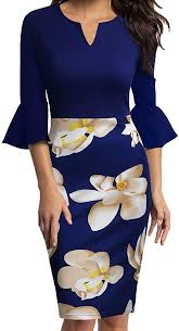 Woosunze Womens Flounce Bell Sleeve Office Work Casual Pencil Dress Flowers 1 Medium Pencil Dresses Work Office Dresses Style Fashion