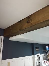 Each section of beam will require 3 more untreated sections of 1″ x 8″, cut to the same length as the corresponding. My First Faux Wood Beam Diy Used Pine Board And Minwax Provincial Stain In The Laundry Mudroom Off The Garage Si Faux Wood Beams Wood Beams Staining Wood